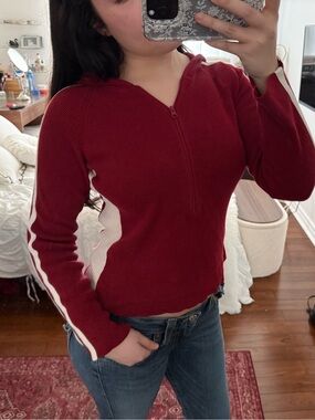 Vintage Jacob Connexion Red Half Zip-Front Sweater with Cream Side Panels